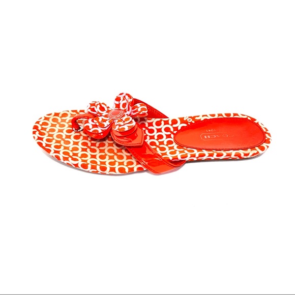 Coach Pattey Orange & Pink Logo Flip Flops w/ Flowers - Picture 8 of 12